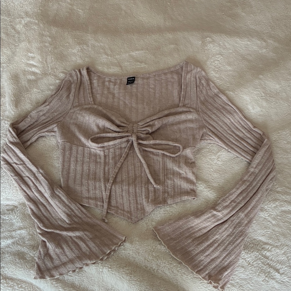 SHEIN Beige Ribbed Knit Crop Top with Bell Sleeves